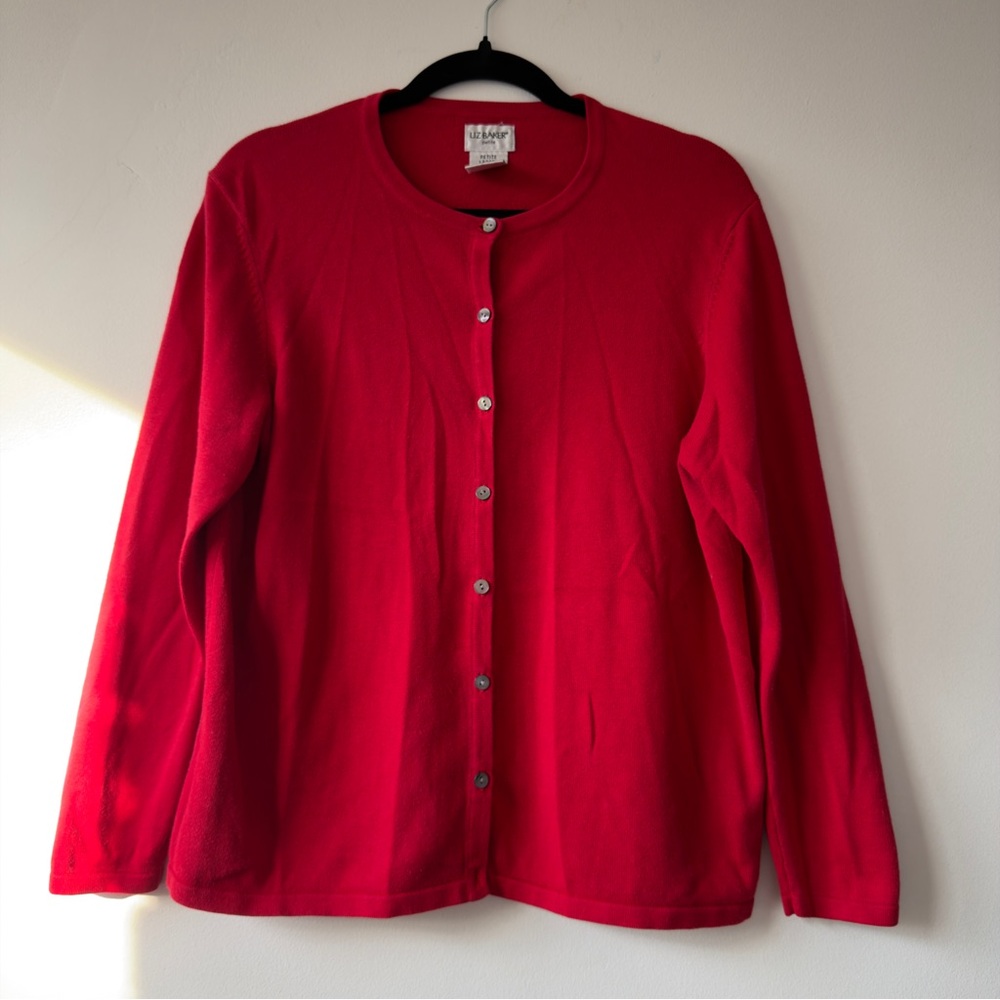 Liz Baker Petite Red Cardigan Sweater Button Front Crew Neck Large Petite‎